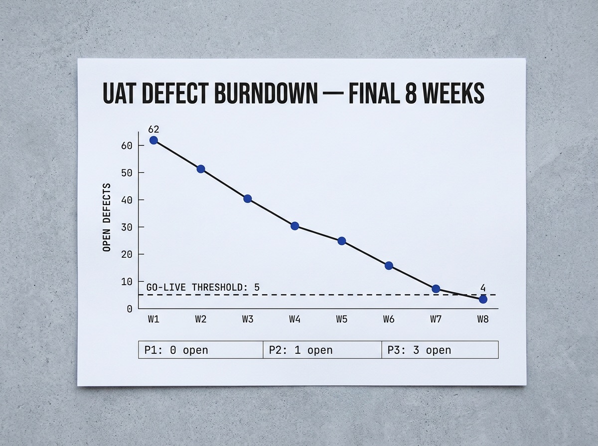 UAT defect burndown chart: open defects falling from 62 to 4 across the final eight weeks of testing, against a go-live threshold of five