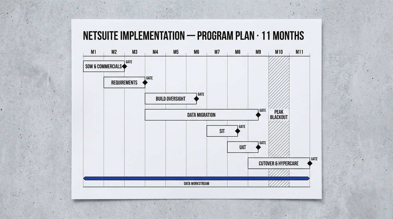 The 11-month NetSuite program plan: seven phases each ending in a gate, a continuous data workstream underneath, and a peak-season blackout band
