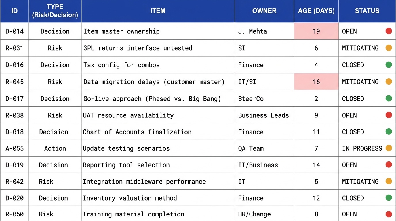 A program RAID and decision log with owners, age in days, and status chips; two aged decisions highlighted