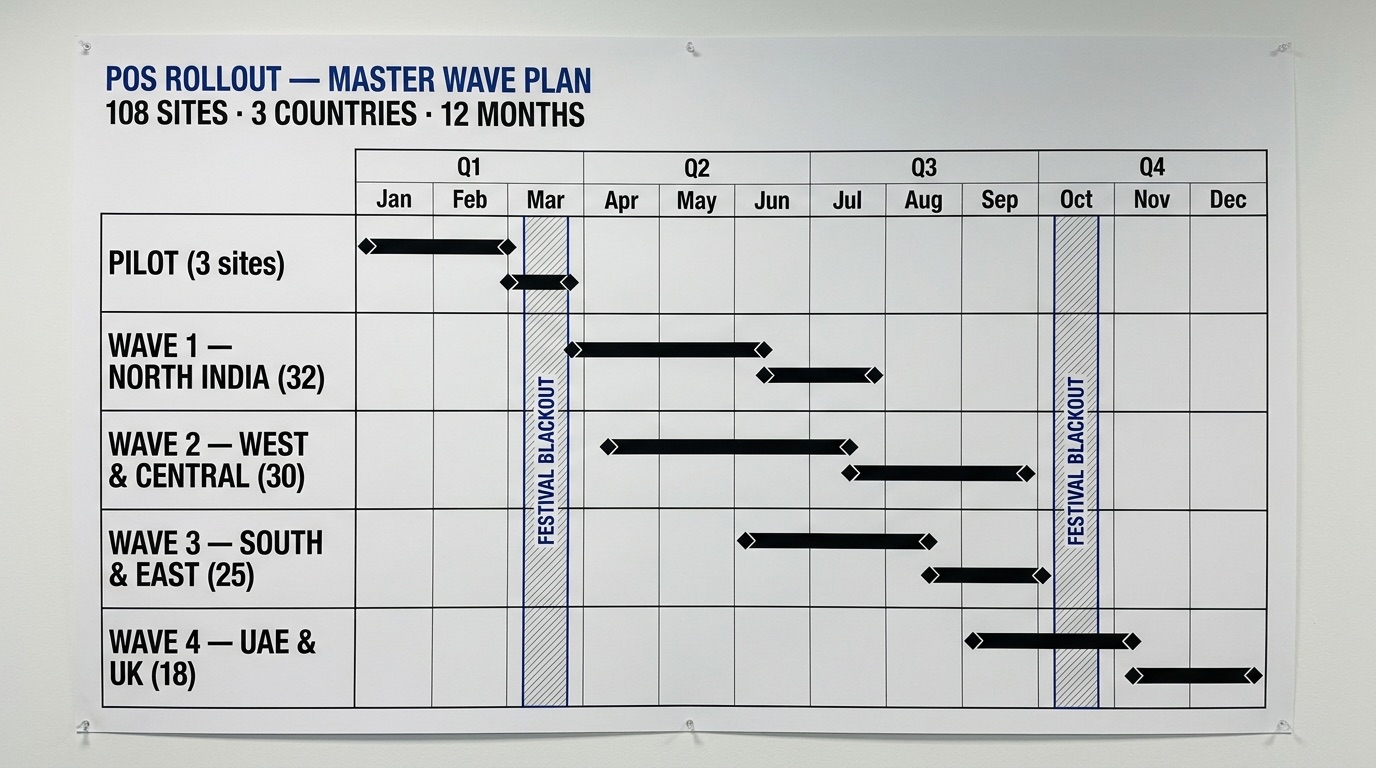 Master wave plan for the 108-site POS rollout: pilot and four waves across a 12-month axis with festival blackout bands