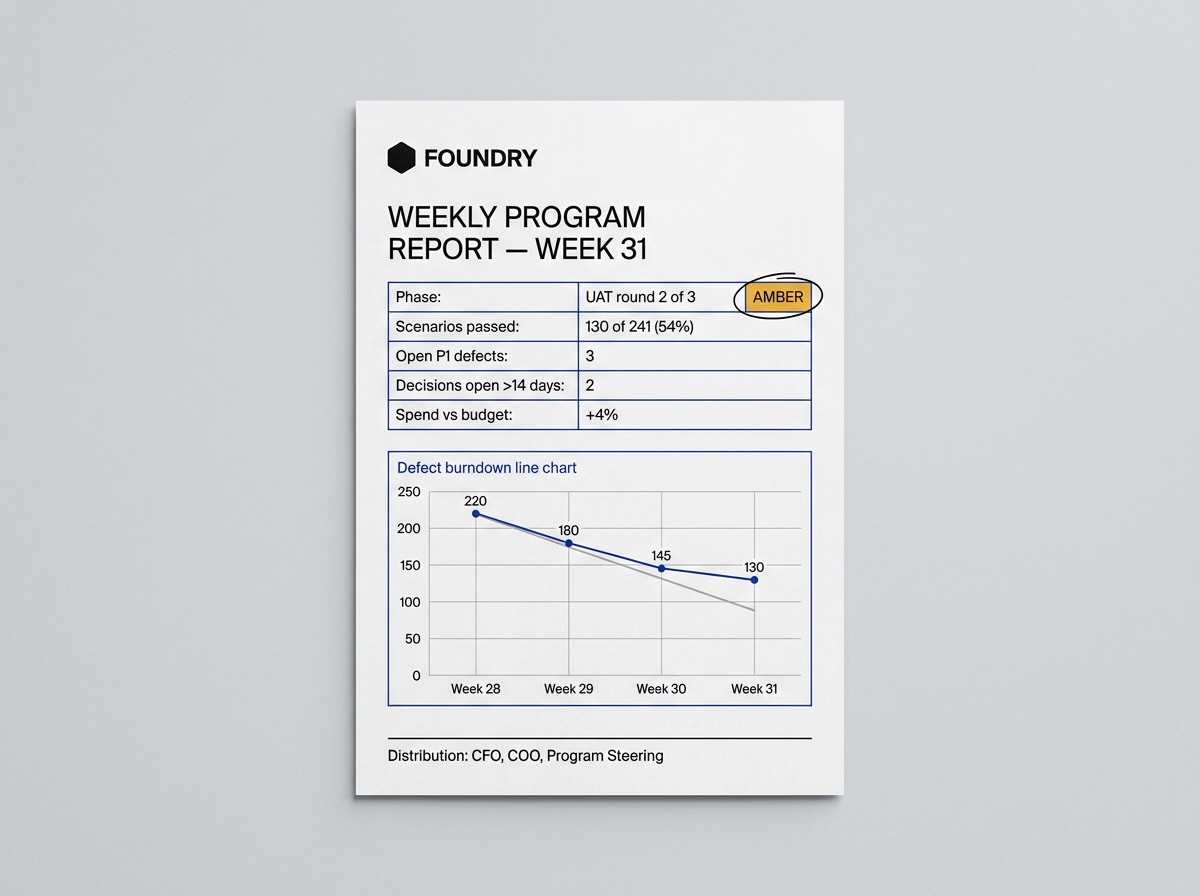 A printed Foundry weekly program report: phase, scenario pass rates, open defects, aged decisions, spend versus budget, and an amber go-live confidence chip